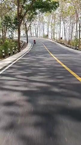 The video shows a road that curves to the right. The road is paved and has a yellow line down the middle and white lines on the sides. There are trees on both sides of the road. In the distance, a truck is driving on the road. There are also two motorcycles on the road. One motorcycle is in front of the truck, and the other is behind it. The video is taken from the perspective of someone riding on the road.