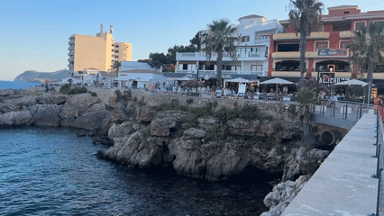 Sunny afternoon on Cala Rajada's promenade, cat included