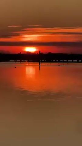 The video shows a sunset over a body of water. The sun is a bright white-yellow disc partially obscured by red clouds near the horizon. The sky above is a mix of orange and dark red. The water reflects the orange glow of the sky, and there are several dark, indistinct shapes, possibly birds or ducks, floating on the water's surface. A series of dark, thin vertical poles stick out of the water near the horizon, possibly remnants of a pier or structure. The far bank is a dark silhouette, suggesting trees or buildings.