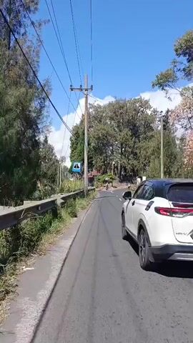 The video shows a view from inside a vehicle driving along a paved road. To the right of the road, a white car is visible, followed by a motorcycle. The landscape features a clear blue sky with scattered clouds, lush green trees and vegetation, and a distant mountain range. A utility pole with power lines is prominent on the left side of the road, and a blue sign with a white symbol is mounted on it. A metal guardrail runs along the left side of the road. The road itself appears to be in good condition with tire tracks visible on the asphalt. The scene conveys a sense of travel through a natural, mountainous environment on a sunny day.