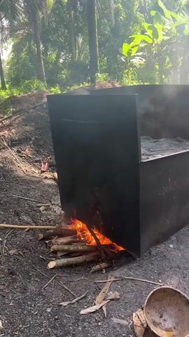 The video captures an outdoor scene under bright sunlight, set in a rural or agricultural environment, consistent with Aghalokpe, Nigeria.

The initial view shows a large, dark metal vat or container with a wood fire burning vigorously underneath. Smoke or steam rises from the vat, indicating a heating or processing activity. The ground around the fire is dirt and ash, with small pieces of wood. In the background, dense tropical vegetation featuring tall palm trees and large-leafed banana plants is visible. A discarded coconut shell lies on the ground.

As the camera pans, two women are revealed amidst the processing area. One woman, wearing a dark shirt and shorts, is actively bending over, arranging multiple colorful plastic jerrycans (yellow, red, and blue) on the dusty ground. Behind her stands a dark, upright barrel. Nearby, another woman or girl, dressed in a white and black long-sleeved shirt with a graphic design and black shorts, stands facing away from the camera, looking towards the right side of the frame. A pair of green flip-flops and a broom are visible on the ground. The background remains lush with palm and banana trees.

The scene depicts a small-scale, open-air operation, likely for processing an agricultural product, possibly palm oil, given the prevalence of palm trees. The individuals appear focused on their tasks. The time of day is sunny, suggesting morning or early afternoon. No discernible text is visible on any objects or clothing.