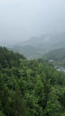 The video shows a village nestled in a lush green valley surrounded by misty mountains. The dense forest covers the hillsides, with small clusters of white buildings scattered throughout the landscape. The sky is overcast, creating a soft, diffused light over the scene. There are voices in the background speaking.