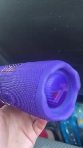 The video shows a person holding a purple JBL speaker in their hand. The speaker has a prominent JBL logo on the end cap. The background is blurred and appears to be the interior of a car, with glimpses of a building and trees visible through a window in the later frames, suggesting the vehicle is in motion. The lighting is bright, indicating it's daytime.