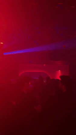 Late-night clubgoers captured amid red blue lighting display NYC