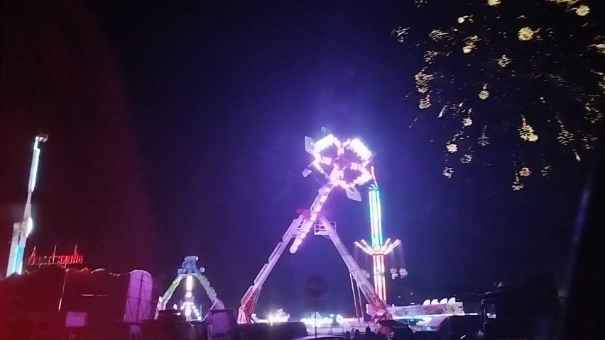 This media file captures a dimly lit, possibly nighttime scene, with a prominent amusement park ride as the central subject. The ride appears to be a large, rotating structure with multiple arms and illuminated sections, featuring a variety of vibrant lights, including pink, purple, and white. The ride's reflection is visible, suggesting it is positioned near or over water. The overall mood is somewhat abstract and distorted due to the lighting and the upside-down perspective of the footage. It's difficult to discern specific details about people or a clear setting beyond the amusement park ride itself, though the reflection hints at an open body of water, possibly a lake or river. The presence of the ride strongly indicates an amusement park or fairground environment. No visible text is present in the frames.