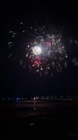 The video shows a fireworks display against a dark night sky. The fireworks are bursting in various colors, including blue, yellow, red, and green. Some fireworks create a circular pattern of sparks, while others appear as bursts with trailing sparks. In the lower part of the screen, a dark body of water is visible, reflecting some of the light from the fireworks. On the horizon across the water, there are distant lights that suggest a shoreline or a populated area. There are no people or specific objects clearly identifiable in the foreground or mid-ground, with the focus being on the aerial pyrotechnics and their reflection. The overall atmosphere is festive and celebratory.