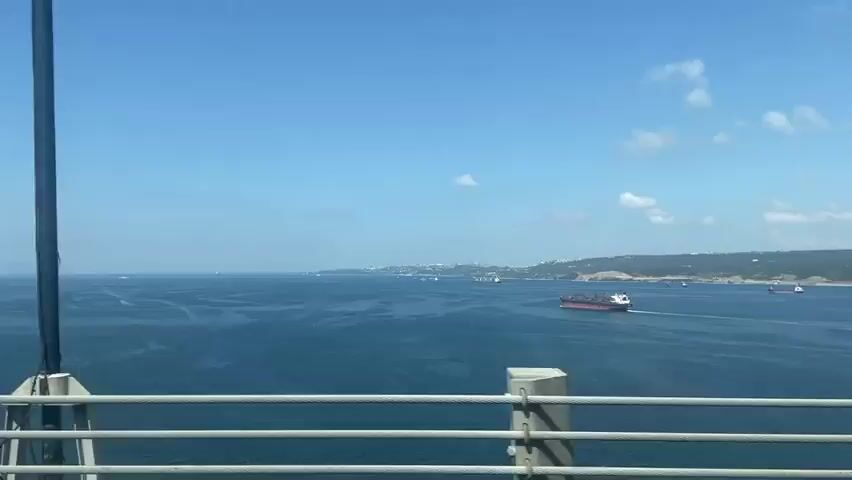 The video captures a wide-angle view of a large body of blue water under a clear sky with a few scattered white clouds. Several ships are visible on the water, including a large red and white cargo ship in the middle ground. The foreground features a railing made of thick steel cables, and a tall, slender metal pole. The coastline with hills and buildings is visible in the distance. The camera appears to be moving, as indicated by the slight shifts in perspective.