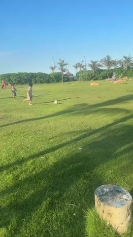 Two boys are playing soccer on a grassy field. The boy on the right is wearing a light-colored shirt and dark shorts, and is kicking a soccer ball. The boy on the left is wearing a striped shirt and dark shorts, and is running towards the ball. There is a third person, an adult, walking on the left side of the frame. The field is covered in lush green grass, and there are shadows cast by palm trees and other vegetation. In the background, there are more palm trees, some rocks, and a clear blue sky. The scene appears to be in a park or recreational area near the coast, as implied by the presence of palm trees and the open sky.