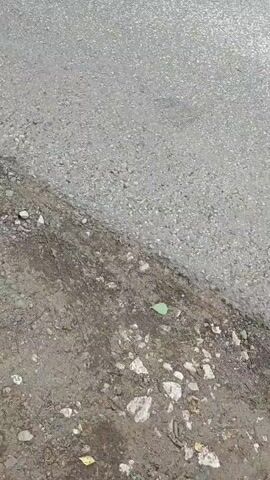 The video begins with a close-up of a rough asphalt road surface, transitioning to a view of the road stretching into the distance. On the left side of the road, there is a dirt shoulder covered in small stones and sparse vegetation. To the right of the road, there is a line of trees and foliage. As the video progresses, the camera moves forward, revealing a car in the distance on the road. The sky is visible, with some clouds. The overall environment appears to be a rural or suburban setting.