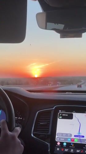 Driver experiences sunset while traveling through Babaeski, Turkey