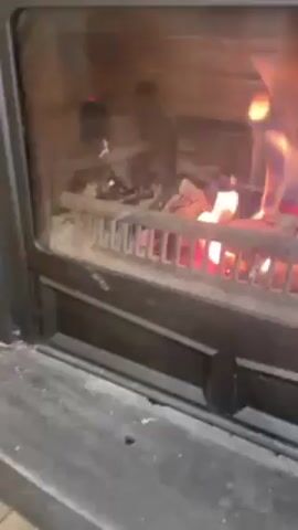 A hand opens the metal door of a fireplace, revealing burning logs and glowing embers behind a grate. The flames are visible through the opening. The fireplace is likely indoors, judging by the lighting and materials.