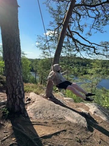 A person is sitting on a swing attached to a tree. The swing is made of a wooden plank and ropes. The person is wearing a hooded sweatshirt and shorts. The swing is positioned on a rocky cliff overlooking a lake and a forest. The sky is blue with some clouds. The sun is shining, casting shadows on the ground. The person is in the process of swinging back and forth.