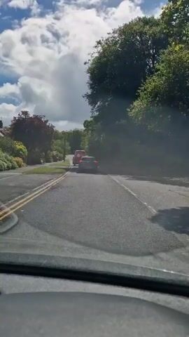 The video is shot from the inside of a vehicle that is following another car on a narrow road. The road is lined with trees and houses on either side. The sky is partly cloudy. The car in front is grey. A red van is parked on the side of the road ahead. A motorcycle passes the car in front.