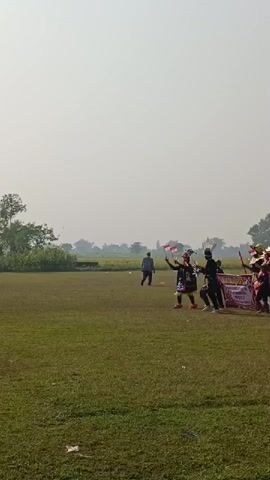 A group of people in colorful costumes are walking across a grassy field. Some are carrying flags and banners. The sky is clear and there are trees in the background.