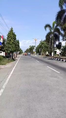 The video shows a view from a vehicle moving forward on a paved road under a clear blue sky. The road has multiple lanes and is bordered by sidewalks, trees, and palm trees on both sides. There are a few cars and motorcycles visible on the road, and some buildings and structures can be seen in the distance. The lighting suggests it is daytime.