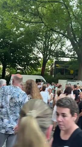 A crowd of people are gathered outdoors, possibly at a festival or event. The setting appears to be park-like with large trees overhead. In the background, a white van is visible, and further back, a yellow building with large windows can be seen. Some people are dancing, while others are standing and conversing. The focus is on the diverse group of individuals, their attire, and their engagement with the event.