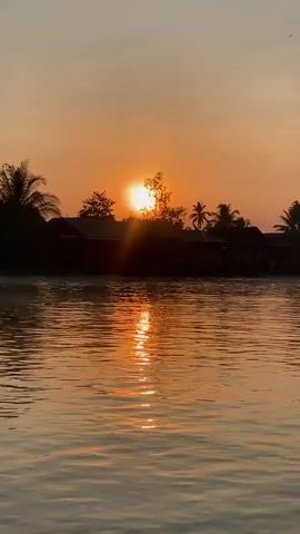 The video shows a sunset over a body of water. Silhouettes of trees and buildings are visible on the horizon. The sun is partially obscured by trees, casting a golden reflection on the rippling water. The sky is a gradient of orange and pink. There are no people visible in the video.