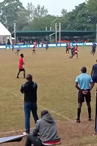 The video shows a rugby match taking place on a grass field with spectators in the background. Several players wearing blue and red jerseys are actively engaged in the game. A man in a light blue shirt and dark shorts, presumably an official, stands on the sidelines, watching the game with his hands behind his back. In front of him is a large blue teardrop banner advertising "Avenue Healthcare" vertically printed on it with a Rod of Asclepius symbol next to it. An African man in blue jeans and a black sweater is standing to the left of the official. Another man in a gray hooded sweatshirt is sitting in the lower left of the video. The surrounding environment includes trees and stadium infrastructure.