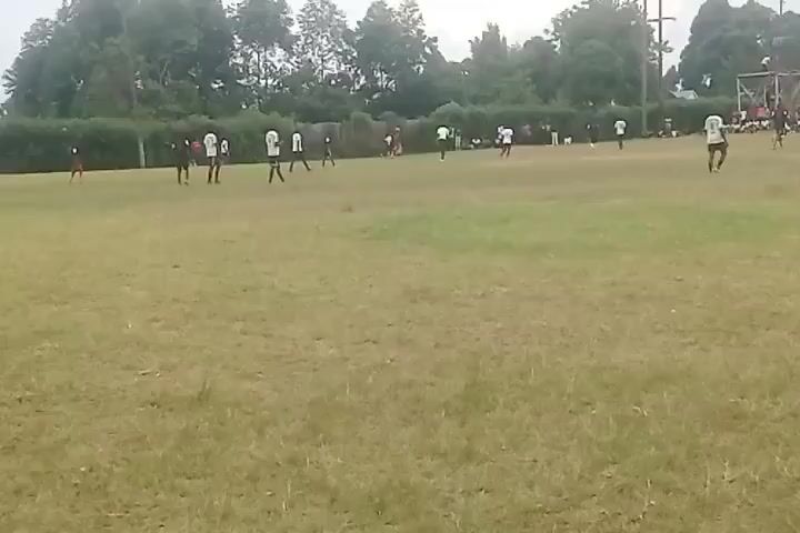 The video shows a soccer game on a grassy field. Players in white jerseys and black shorts are scattered across the field. Some are walking, others are running. In the background, there's a line of trees and bushes, and a small group of people can be seen in what appears to be a spectator area. The sky is overcast. The camera is stationary.