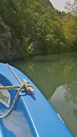 Blue boat travels peaceful river near Petrevene, Bulgaria