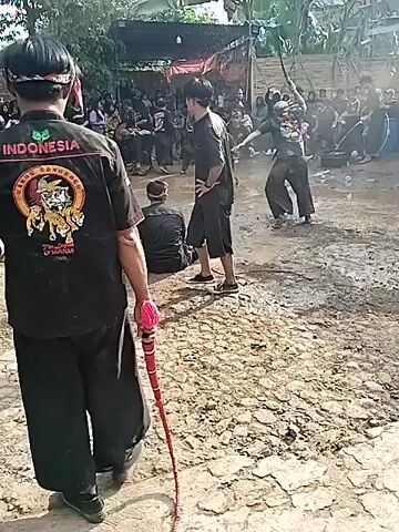 The video shows a traditional Indonesian whip fight taking place in a muddy yard, surrounded by a crowd of onlookers. Two men, dressed in traditional clothing, engage in a fast-paced fight using long whips. The ground is uneven and muddy, with a few puddles visible. The surrounding area has banana trees, a building, and a fence. There are spectators standing and sitting around the perimeter, watching the fight intently. Some individuals appear to be officials or organizers, wearing matching shirts and observing closely. The lighting is bright, with some parts of the scene appearing overexposed due to the sun.