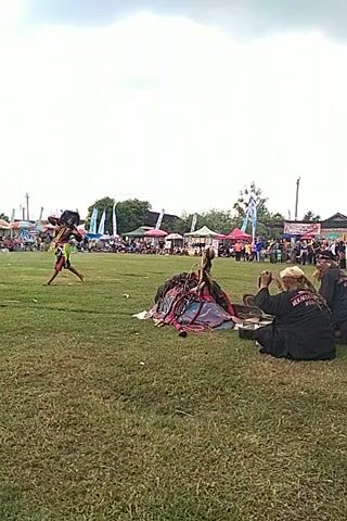 Here's a concise description of the video:

The video shows an outdoor performance taking place on a grassy field with a crowd of people watching in the background. A person dressed in dark clothing is squatting and appearing to hold or manipulate a decorative object with colorful patterns. In the foreground, a performer in dark clothing with red and yellow accents is moving energetically, possibly dancing or performing a routine. The weather appears cloudy and overcast. The video is oriented vertically.