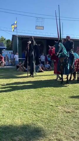 The video shows a medieval reenactment event on a sunny day. A person dressed in a dark robe and head covering, holding a staff, stands on the left side of the frame, gesturing towards two knights on horseback. The knights are wearing armor and helmets, and their horses are adorned with decorative blankets. The knight on the left has a lance. In the background, there is a building with a sign that reads "ASEOS". Spectators are visible sitting and standing around the perimeter of the grassy area. Another knight on horseback is visible further to the right. The event appears to be taking place outdoors in a grassy field.