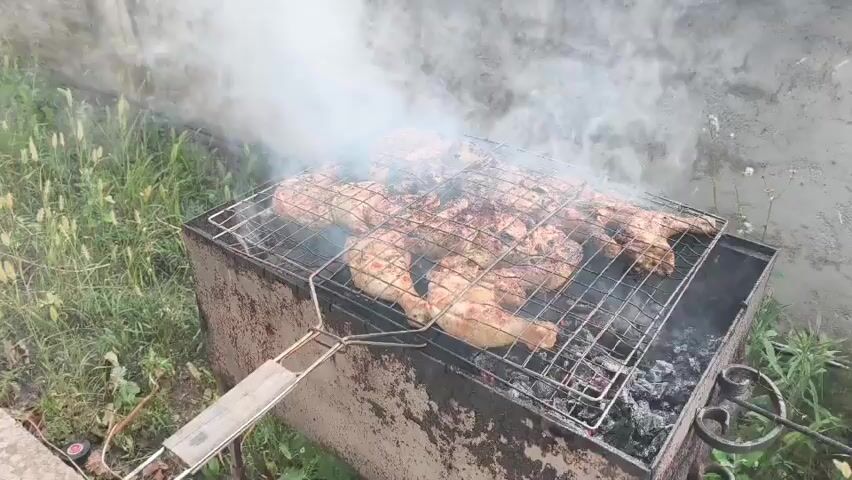 A barbecue grill filled with charcoal is outdoors, with a metal rack holding whole chickens cooking over the coals. Smoke rises from the chickens. The grill is situated in a grassy area with some greenery and a concrete wall in the background. The chickens appear to be seasoned and are browning from the heat.