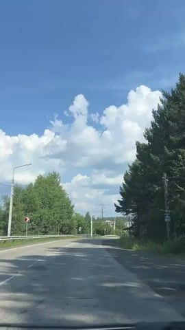 The video shows a view from a car driving on a paved road. The road curves to the right. On the left side of the road, there is a metal guardrail, followed by green trees. A red and white traffic signal is visible on the left. On the right side of the road, there are tall green pine trees. The sky is blue with scattered white, fluffy clouds. There are streetlights and utility poles along the road. In the distance, there are more trees and some buildings. A white truck is parked on the left side of the road. A yellow diamond-shaped road sign is visible on the right side of the road. The lighting suggests it is daytime, likely a sunny day.