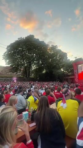 A crowd of people are gathered outdoors watching a large screen displaying a soccer match. The screen is set up on a stage-like structure with Coca-Cola branding. The sky is visible above, with clouds and a tree on the left side. Many people in the crowd are wearing red shirts, some with yellow accents. Some individuals are raising their hands. The crowd appears to be seated at tables, with drinks and snacks visible. The overall atmosphere seems to be one of shared enjoyment of the sporting event.