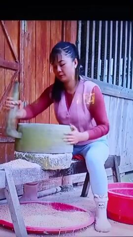 A woman is grinding grain with a mortar and pestle. She is seated on a wooden stool next to a large mortar that is carved from stone. The mortar sits on a wooden stand. In front of the mortar is a red plastic basin filled with grain. The woman is wearing a red long-sleeved shirt, a pink vest, light blue pants, and white boots. She has dark hair pulled back in a ponytail. Behind her is a wooden building with a door and a window with vertical slats. The ground is covered in grain and a small amount of water.