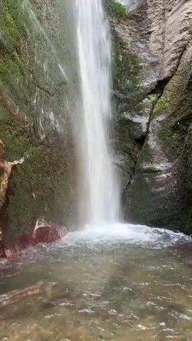 A video shows a waterfall cascading down a rocky cliff face. The water is white and foamy as it plunges into a pool of water below. The rocks are covered in moss and other vegetation, giving the scene a lush, green appearance. The sun is shining through the trees above, creating dappled light on the water and rocks. The video appears to be shot from a low angle, looking up at the waterfall.
