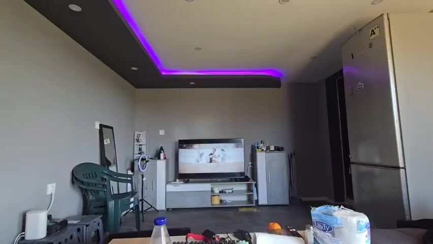 The camera is static, capturing a shot of a cluttered living room. The walls are painted a neutral gray, and the ceiling features a dark gray section with embedded purple LED lights. In the center is a large television displaying an image of people dancing. A TV stand and two grey cabinets flank the television. To the left of the screen, there’s a mirror and a green plastic chair. In the lower right, a refrigerator is visible, and in the foreground, there’s a table with various items scattered on it, including cleaning supplies. The room appears lived-in, with a mixture of personal belongings and cleaning equipment. The light is dim.