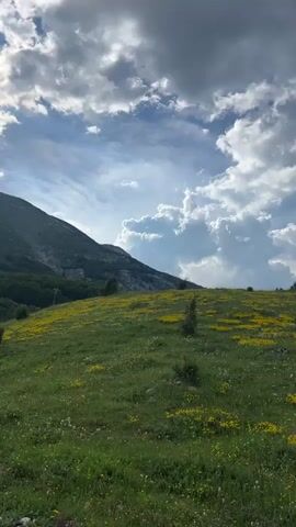 The video shows a time-lapse of a green hillside with scattered yellow flowers under a sky filled with dramatic clouds. The sun occasionally breaks through the clouds, illuminating the landscape. The camera angle is low, looking up towards the hill and the sky. There are no people or animals visible in the video. The environment appears to be natural and mountainous.