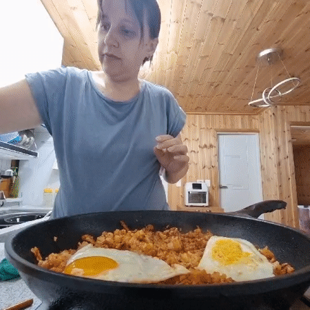 Kimchi fried rice with eggs and melted cheese, cooked start to finish