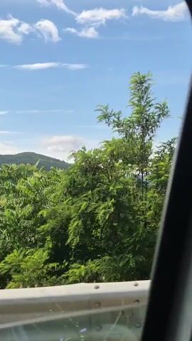 The video shows a view from a moving vehicle, looking out over a landscape. The sky is blue with scattered white clouds. In the foreground, there is a metal guardrail. Beyond the guardrail, there are trees with green leaves. In the middle ground, there are rolling green hills and some fields. In the background, there are more hills. The overall impression is a scenic drive through a rural area on a sunny day.