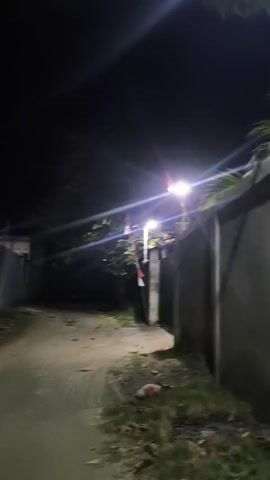 The video shows a dark, outdoor scene at night. A dirt or gravel path is visible, leading towards a fence. The path is illuminated by several lights, creating strong glare and lens flares. On the right side of the path, there is a gate and what appears to be a wall or building. Two flags, one red and one white, are attached to poles near the gate. The left side of the path is bordered by a brick wall and a darker, possibly wooden fence. Trees and foliage are visible in the background, silhouetted against the dark sky. The ground along the path is littered with debris, including leaves and a piece of red material. The overall impression is that of a dimly lit, possibly rural or semi-rural area at night, with some form of enclosure or property boundary.