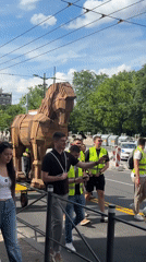 Group pulls wooden Trojan horse through Belgrade streets