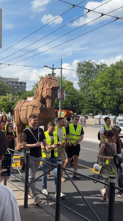 Group pulls wooden Trojan horse through Belgrade streets