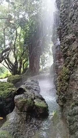 A narrow waterfall cascades between moss-covered rocks in a lush forest setting. Sunlight streams through the trees, creating a misty effect around the falling water. The camera moves slightly to the right, offering a closer view of the water flow and surrounding rocks.