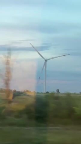 This is a short video of a wind turbine spinning in a field. The camera is moving, giving the impression of traveling past the turbine. The sky is cloudy and the sun is setting, casting a soft light on the scene. The turbine is white with red tips on its blades. There are some trees and bushes in the foreground, and a few birds can be seen flying near the turbine. The video is blurry due to the camera's motion, but the wind turbine is clearly visible.