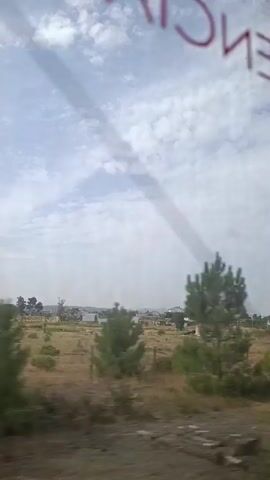The video shows a view from inside a moving vehicle. In the foreground, there are trees with green foliage and brown trunks. In the background, there is a dry, grassy field with a fence. Further in the distance, there are some buildings and more trees. The sky is cloudy and appears to be overcast. There is some red text visible on the glass of the vehicle in the upper right portion of the frame, but it is partially obscured and illegible. The overall impression is of a rural or semi-rural landscape passing by.