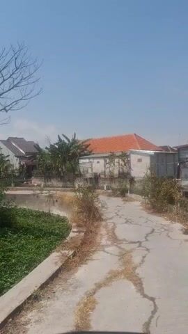 The video shows a cracked asphalt road leading towards several buildings under a clear blue sky. To the left of the road is a concrete wall bordering a canal filled with lush green vegetation. Beyond the canal, there are houses with tiled roofs, some with trees and plants around them. The scene appears to be a rural or semi-urban area on a sunny day.
