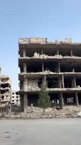 The video shows bombed-out buildings against a clear sky. The buildings are multi-storied and made of a light-colored stone, and they are heavily damaged, with large sections missing and exposed rebar. Small trees are growing near the buildings. The street in front of the buildings is cracked and shows signs of damage. The video slowly pans across the scene, showing the extent of the destruction.
