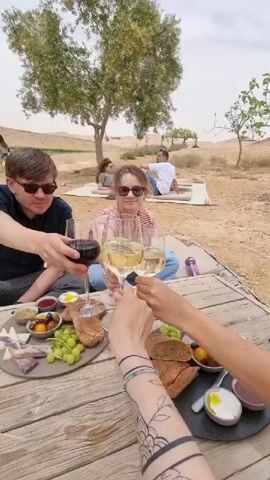 The video captures a group of people enjoying an outdoor wine and food event in what appears to be a desert-like environment. Three people are seated at a wooden table, raising their glasses in a toast. One person holds a glass of red wine, while the other two have glasses of white wine. Sunglasses are worn by the seated individuals. On the table, there are two platters laden with various food items, including cheese, grapes, olives, bread, and small bowls of different sauces. A person with a prominent tattoo on their arm is part of the toast, extending their glass towards the center. In the background, other people are visible lounging on blankets or seated on the ground. The landscape is arid, with sparse vegetation and a few trees providing shade. A wire fence is partially visible in the distance. The sky is overcast, creating soft lighting.