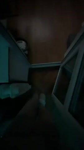 The video begins with a blurry shot of an indoor space, possibly a room, with dim lighting. The camera then moves to a slightly clearer view of what appears to be a floor and some furniture or objects. The scene abruptly shifts to an outdoor view through a window. Green trees and foliage are visible, suggesting a natural or park-like setting. The camera then focuses on a hand operating a window latch, opening the window. The video ends with a view of the trees and foliage outside.