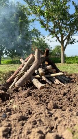 The video shows a small campfire built on the ground in an outdoor setting. The campfire is constructed with a pile of dry sticks and branches arranged in a teepee shape. A wisp of smoke is visible rising from the top of the pile, indicating that the fire has been recently lit or is smoldering. The surrounding area appears to be a grassy field with a few trees in the background, suggesting a rural or natural environment. The ground is covered in loose soil and dirt, with some dry grass visible around the edges of the campfire pit. The scene is brightly lit, with sunlight casting shadows and illuminating the textures of the wood and soil. The sky appears to be blue with some clouds, suggesting fair weather. The overall atmosphere is peaceful and rustic, evoking a sense of nature and outdoor activity. There is no visible text in the media file.