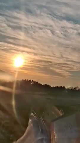 A low-angle shot captures a sunrise over a misty landscape with a silhouetted treeline. The sun, a bright, out-of-focus orb, shines from the left, casting rays across the sky and a gentle haze. Wispy clouds streak horizontally, colored by the warm hues of dawn. In the foreground, a plastic-wrapped object, possibly a box or container, rests on a surface, partially obscuring the view of the fields and trees. A faint, dark object, possibly a bird or a distant aircraft, is visible in the upper left quadrant of the sky. The overall impression is one of a serene, misty morning.