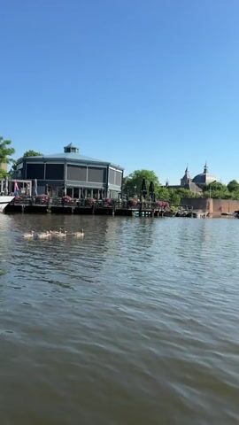 A vertical, wide-angle shot captures a serene waterscape with a modern building on the left, a body of water in the foreground, and historic architecture in the background. The building on the left is a two-story structure with a hexagonal roof, large windows, and an outdoor dining area with tables, chairs, and umbrellas. The water is calm, with gentle ripples, and a small group of ducks is swimming in formation. Behind the building, trees and lush greenery are visible, and beyond that, a large, domed structure, possibly a church or government building, stands out against a clear blue sky. The overall atmosphere is peaceful and picturesque, suggesting a pleasant day by the water.