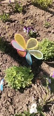 The camera captures a top-down perspective of a garden bed filled with soil, greenery, and vibrant flowers. A multi-colored, pinwheel-like garden ornament, with petals in pink, yellow, and blue hues, stands out. The camera remains still throughout the video, providing a static view of the scene. A child can be heard speaking in the background.